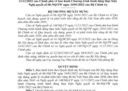 [BỘ XÂY DỰNG] BAN HÀNH KẾ HOẠCH CỦA BỘ XÂY DỰNG THỰC HIỆN NGHỊ QUYẾT SỐ 06-NQ/TW NGÀY 24/01/2022 CỦA BỘ CHÍNH TRỊ VÀ NGHỊ QUYẾT SỐ 148/NQ-CP NGÀY 11/11/2022 CỦA CHÍNH PHỦ (08/03/2023)